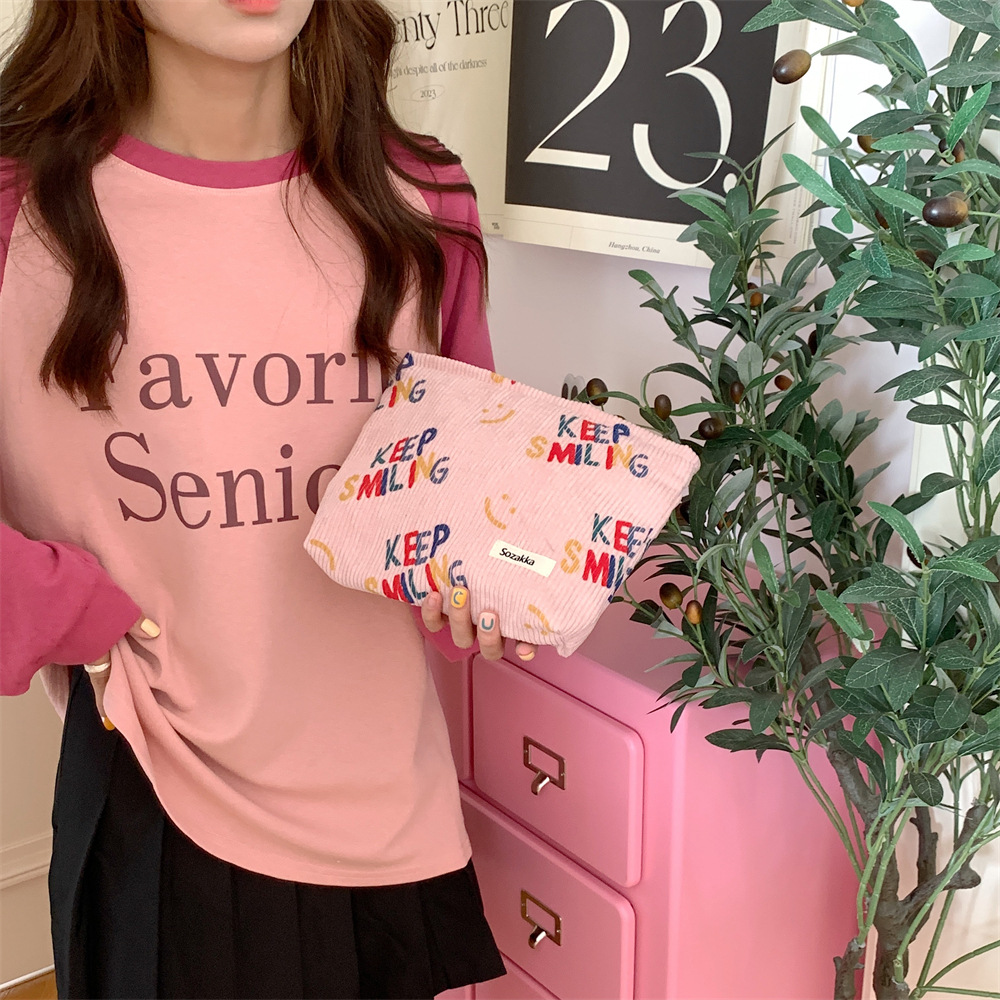 38181 New 2023 Corduroy cosmetic Bag, Letter smiley face storage, washroom clutch, Mobile phone wallet, Pen case undefined