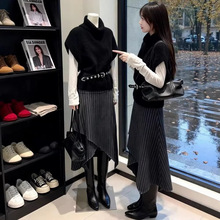 韩系穿搭一整套冬季氛围感黑色针织马甲不规则格纹半身裙三件套女