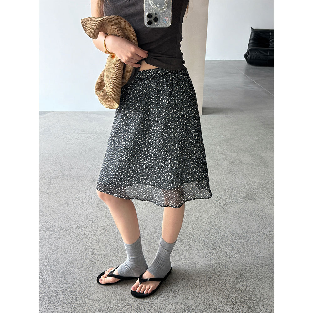 【王琪芝】韩系复古松紧腰网纱豹纹半身裙女春夏宽松中长裙WQ211