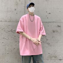 粉色小领口T恤男夏季宽松大码美式重磅短袖oversize麂皮绒七分袖