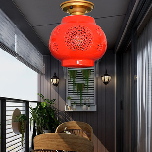 Chinese Modern Red Ceramic All-Copper Waterproof Luminous Led Aisle Entrance Balcony Corridor Single-Head Chandelier Ceiling Lamp
