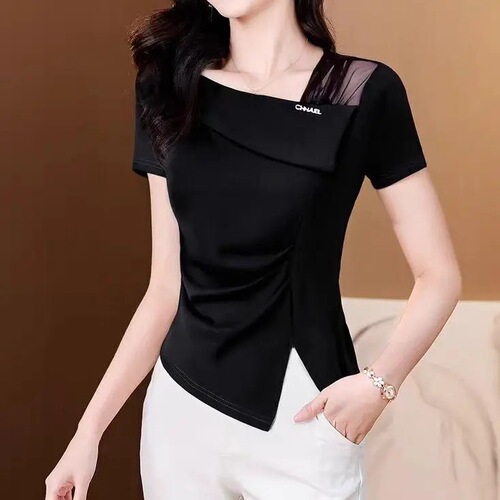 Summer 2025 new purple-style short-sleeved T-shirt women's fashion, age-reducing, slimming, all-matching, foreign-style irregular top H