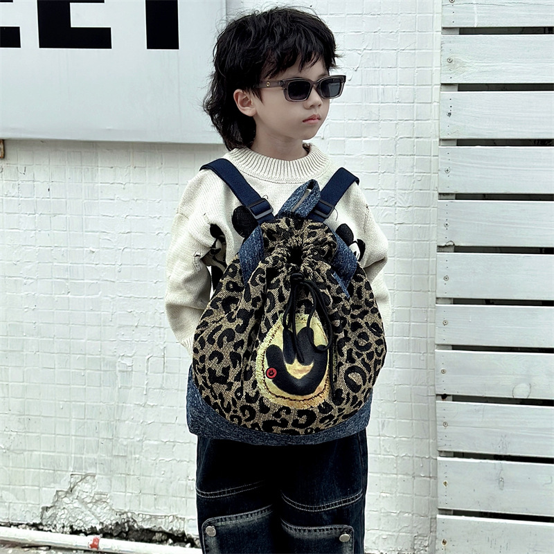 Retro leopardo mochila para niños y niñas caricatura lindo gatito sonriente mochila vaquero nuevo paquete de gran capacidad para niños