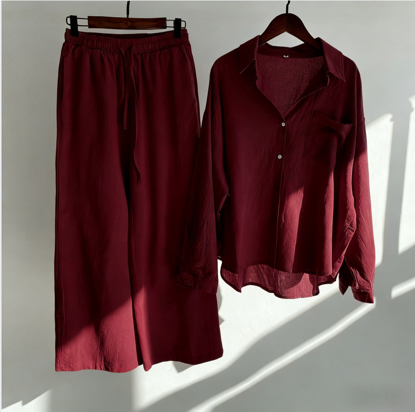 Women's Clothing Women's Retro Plus Size Cotton Linen Shirt Set High Waisted Loose Fitting Trousers Two Piece Set 20 Colors_ecoleips.com