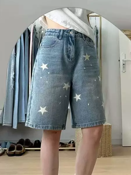 【Korean Style】Vintage American Star Washed Print Straight-Leg Summer High-Waisted Versatile Loose-Fit Five-Point Jeans