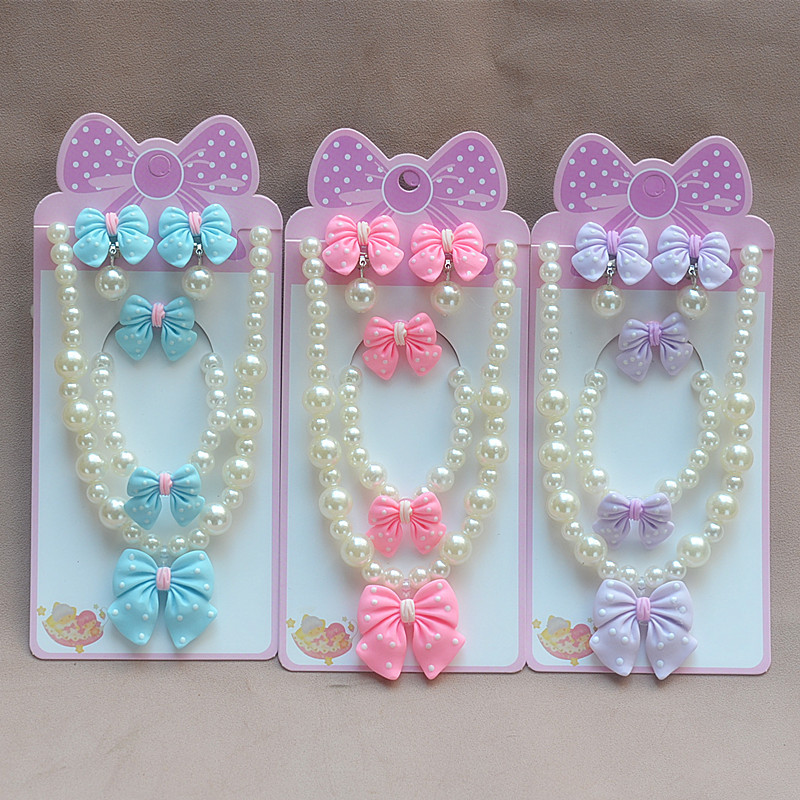 Children's Pearl Bow Necklace Set Girls' Princess Style Jewelry Non-Pierced Earrings Bracelet Ring Wholesale