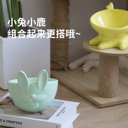 New Macaron Series Pet Bowl with Rabbit and Deer Designs, Slant Mouth Spine Protection Ceramic Cat Bowl Pet Feeder