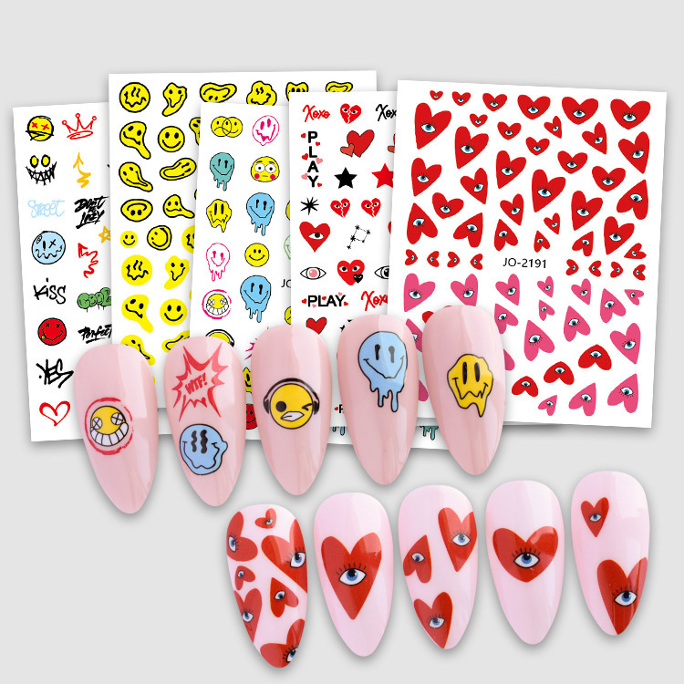 Cross border Best Sellers new pattern love Nail enhancement Sticker wholesale Abstract Distortion Smiling face pattern nail decorate APPLIQUE