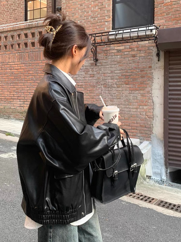 复古棕色皮衣女短款2025秋季新款大码小个子宽松皮夹克机车外套女|undefined