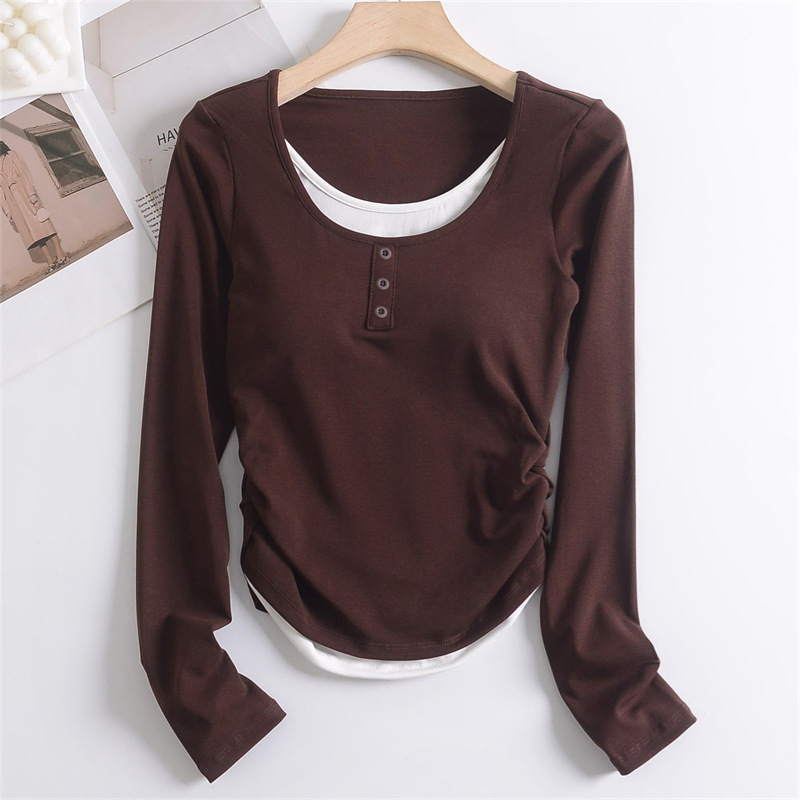 莱赛尔春秋季假两件撞色带胸垫长袖T恤女设计感小众修身显瘦上衣