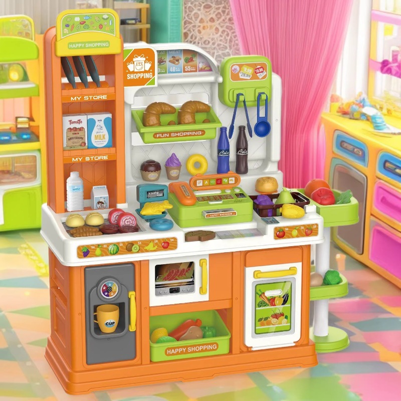 Simulación transfronteriza de supermercado para niños, caja registradora, máquina expendedora de frutas y verduras, juguetes caseros