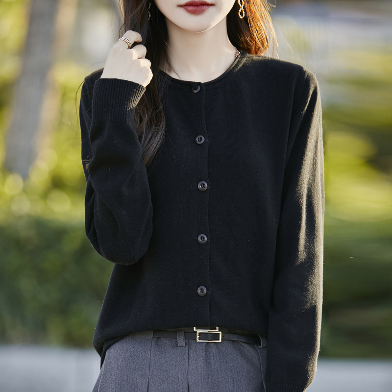 Wholesale Spring and Autumn New Style Solid Color Round Neck Rolled Edge Wool Knit Cardigan for Women, Loose and Versatile Casual Sweater Coat Wholesale Spring and Autumn New Style Solid Color Round Neck Rolled Edge Wool Knit Cardigan for Women, Loose and Versatile Casual Sweater Coat