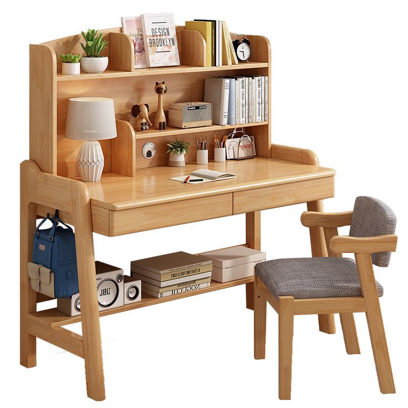 Children's Desk Solid Wood Study Table Primary School Students Home Writing Desk and Chair Set Homework Desk Bookshelf Combination Boys and Girls