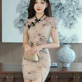 2026夏季新款新中式国风斜襟盘扣连衣裙女高端休闲养生会所工作服