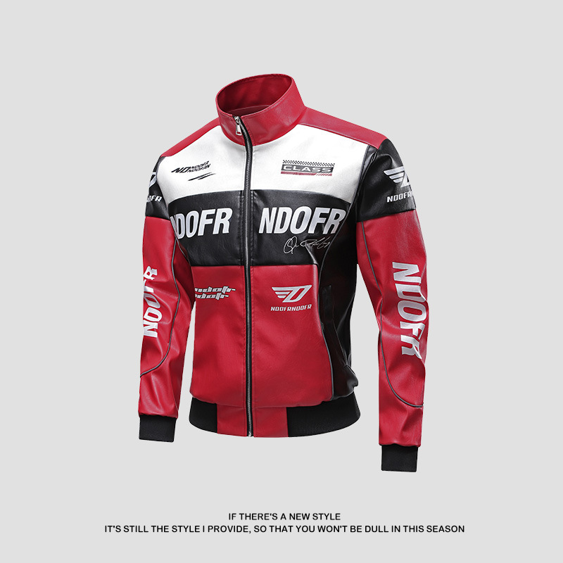 Red, Green, Black/High Street Motorcycle Leather Jacket with Contrasting Color Splicing Design, Personalized Printing + Reflective Strips, Pu Leather Embroidered Stand Collar