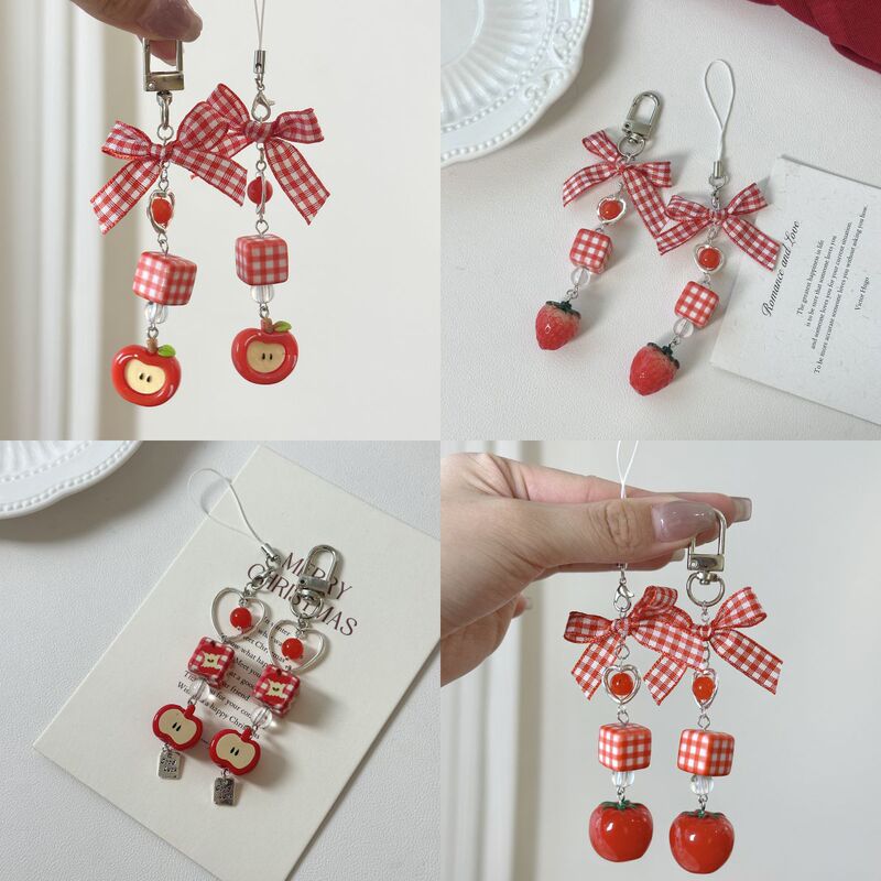 Japanese Cute Sweet Strawberry Bow Beaded Mobile Phone Chain Christmas Red Apple Fruit Pendant Bag Hanging Keychain