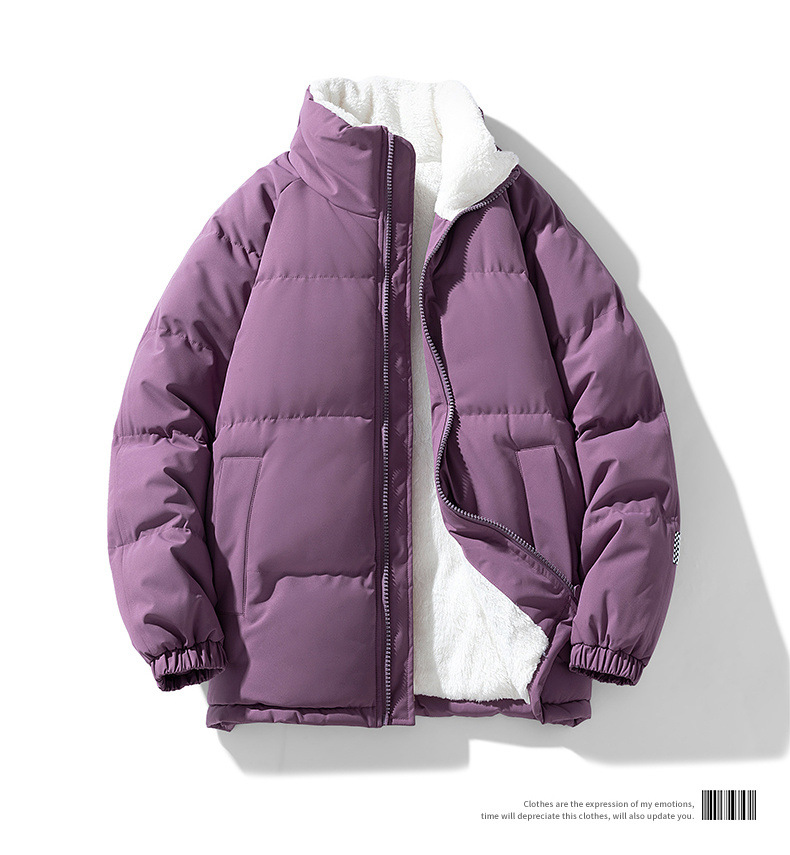 冬の子羊の綿服のダウン綿服の男性のスタンドカラーの屋外パン服の厚い保温コートのカップルの綿入れ