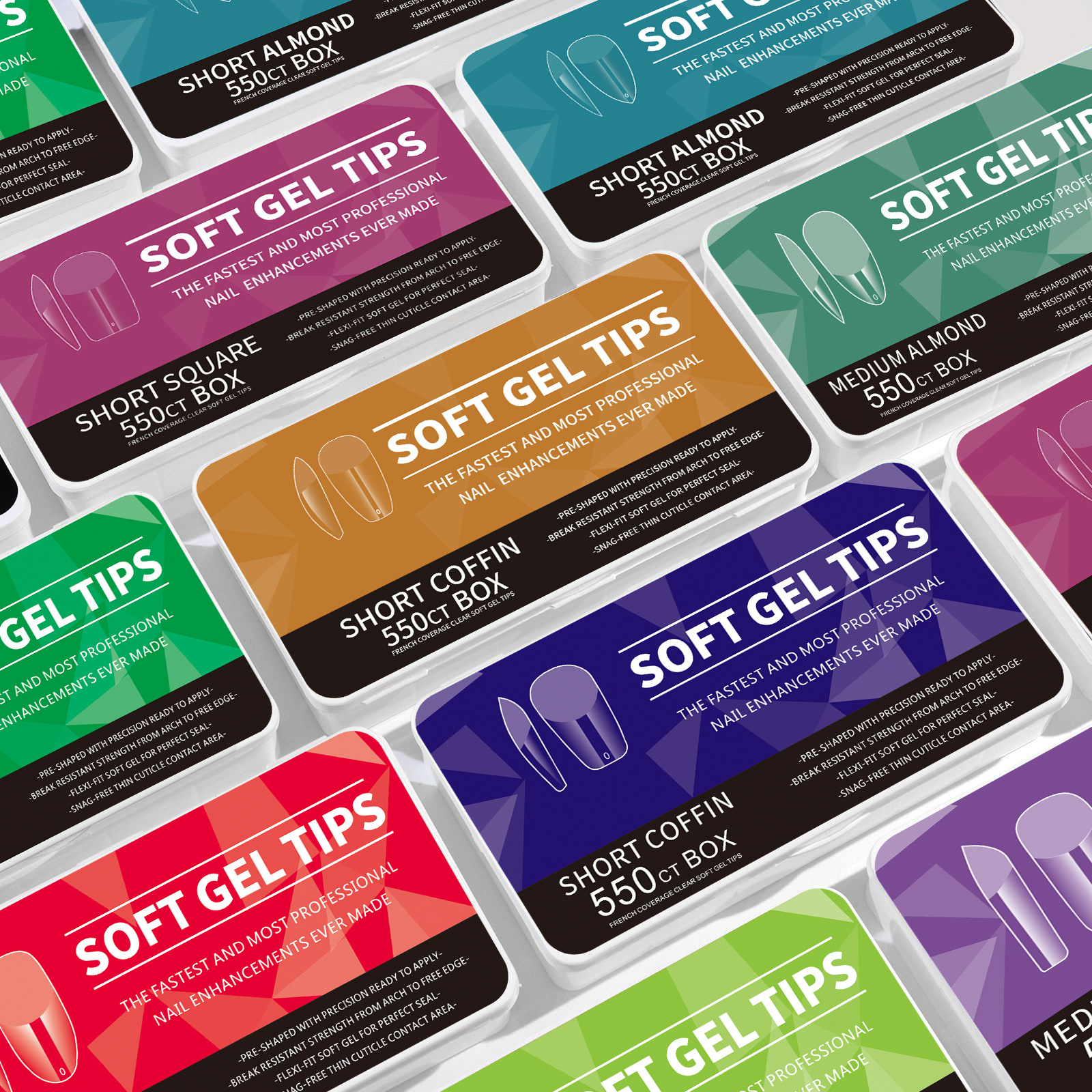 Herramientas de uñas de Venta caliente transfronteriza 550 piezas de caja corta talla libre molienda sin costura semi-esmerilado cuadrado completo pegatinas piezas de uñas falsas