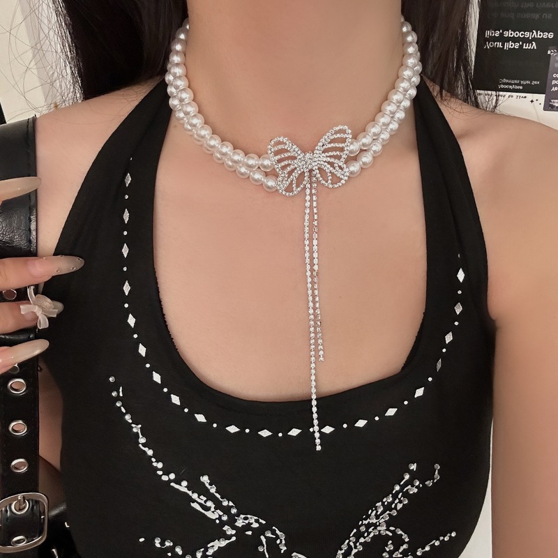 珍珠贝珠丝带蝴蝶结项链手机串珠挂件咕本链少女包挂|undefined