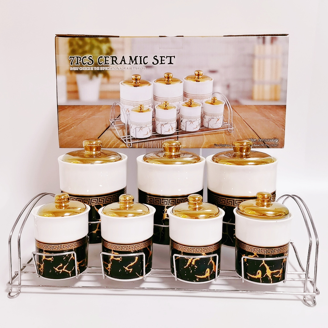 Exportar a Oriente Medio Arabia Saudita cerámica galvanoplastia cilíndrica condimento tarro almacenamiento café tarro con marco de hierro de doble capa