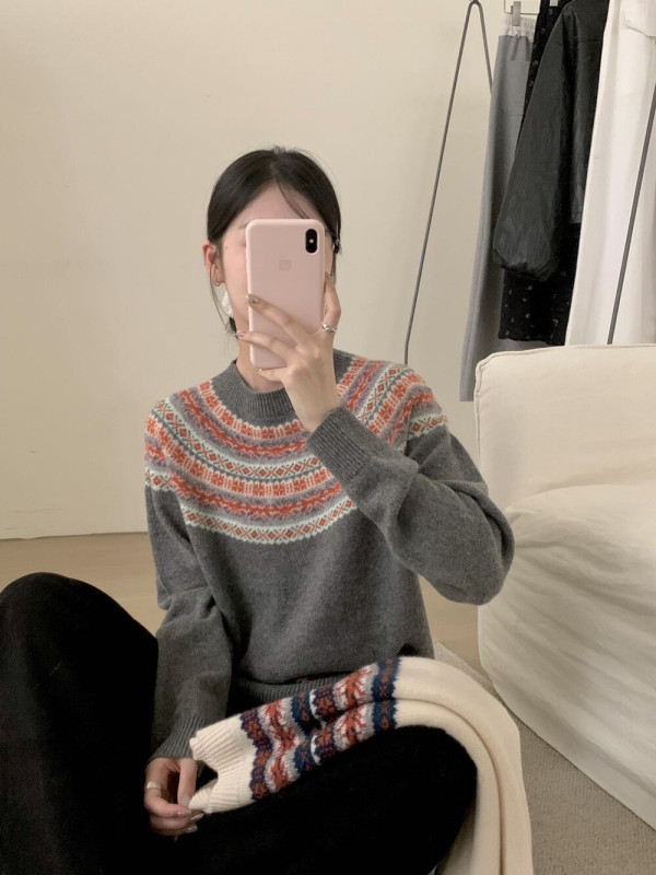 之言25秋冬女装羊毛衫韩系复古费尔岛雪花刺绣100羊毛针织衫毛衣|undefined