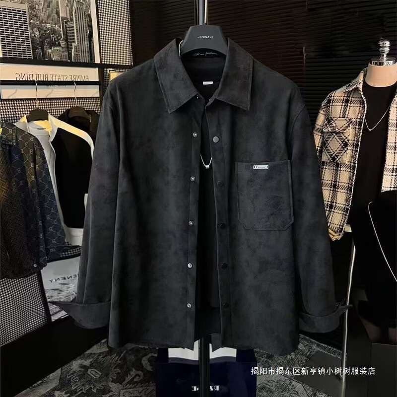 Spring and Autumn New Chinese-Style Matte Leather Shirt Jacket for Men, Loose and Fashionable, Versatile Tie-Dye Cool Long-Sleeve Top Trendy