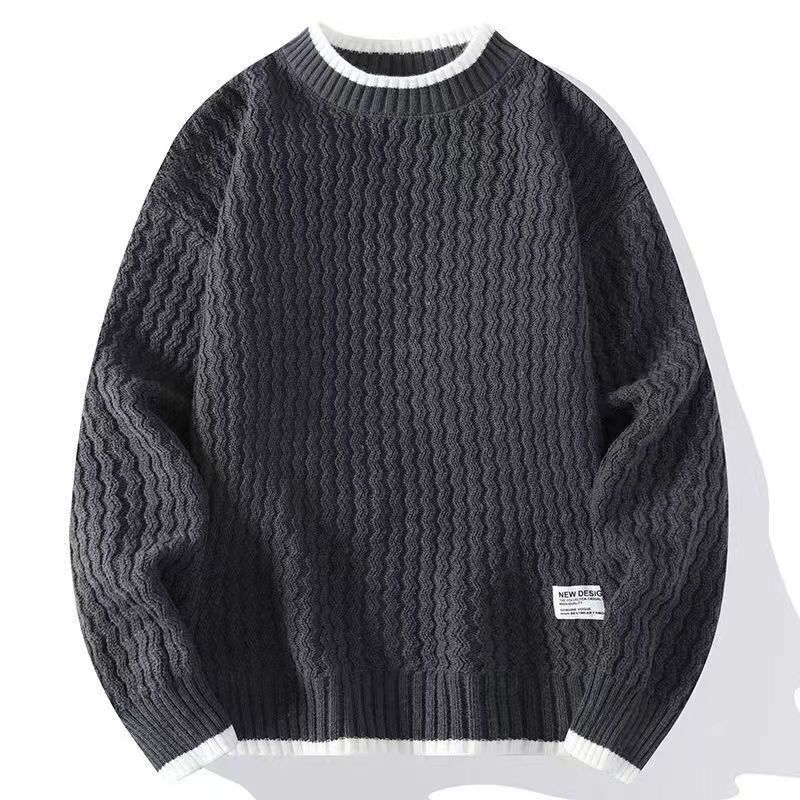 Crewneck Sweater Men's Autumn and Winter Lazy Style Handmade Knitted Base Shirt Teenagers Fashionable Fake Two-piece Inner Sweater