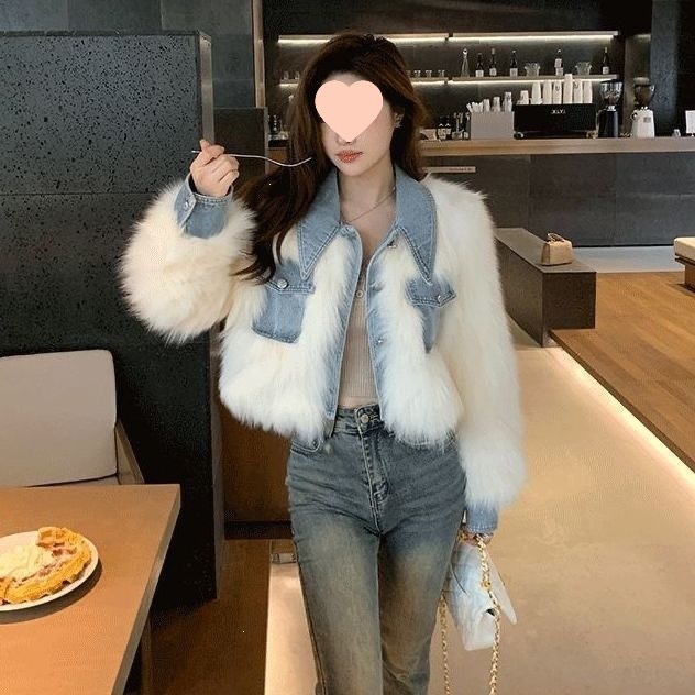 牛仔拼接毛毛短外套仿皮草加棉加厚小个子女冬季高腰时尚短款上衣