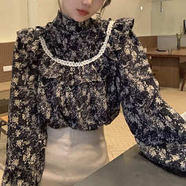 法式复古碎花衬衫女2026春夏设计感立领木耳边拼接衬衣别致上衣潮