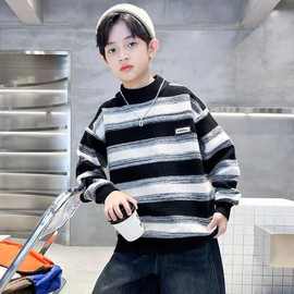 男大童毛衣秋冬2025新款中大童儿童男孩打底条纹加绒针织衫加厚