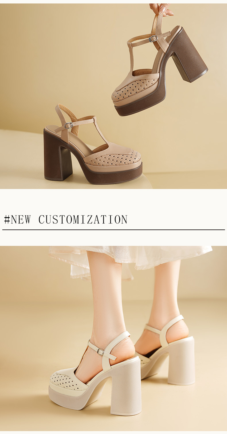 Sandal cao gót nữ mũi nhọn quai T khóa, đế dày 11 cm, phong cách dệt — màu trắng ngà chi tiết 4