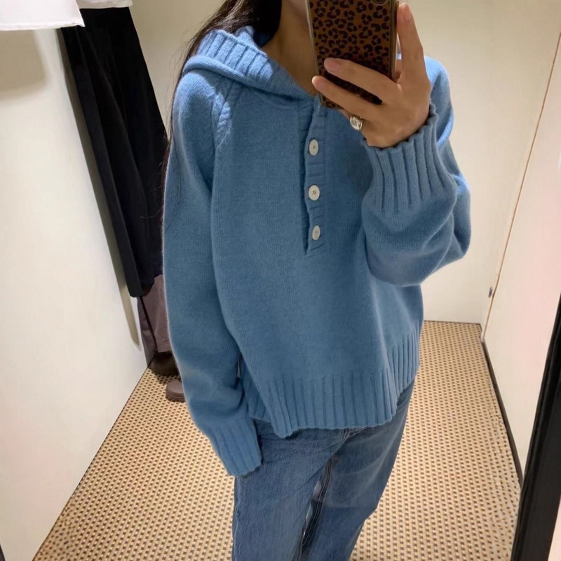 Moo*Al Wool Hooded Sweater Korean Designer Women's Clothing Henry Collar Blue Button Korean Style Knitwear