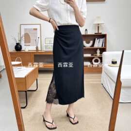 金辉哑光醋酸蕾丝半裙 开叉收腰显瘦气质女 百搭通勤中长裙