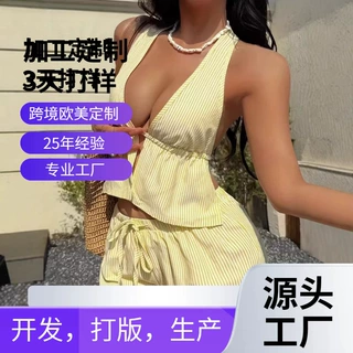 新款时尚女士露背深V领吊带条纹上衣系带休闲宽松短裤套装跨境