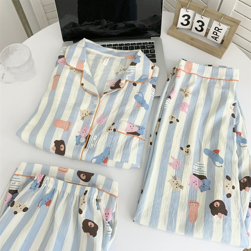 Pijamas de amor dulce de color, pantalones de manga corta de hilo de algodón de nube de verano para mujer, cárdigan de tres piezas, servicio a domicilio