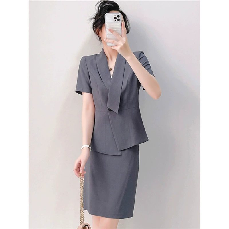 Оптовая цена, бесплатная доставка, серый костюм, женский летний тонкий профессиональный деловой костюм, рабочая одежда для стойки регистрации отеля, ювелирный магазин, красота