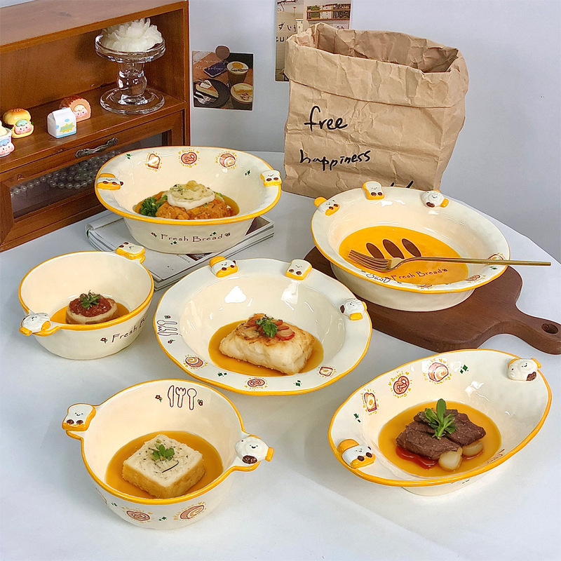 Ins-Style Ceramic Bowl Set with Cartoon Toast Pattern, High-Value Soup Bowl and Dinner Plate for Home Use, Single-Serving Tableware Ins-Style Ceramic Bowl Set with Cartoon Toast Pattern, High-Value Soup Bowl and Dinner Plate for Home Use, Single-Serving Tableware