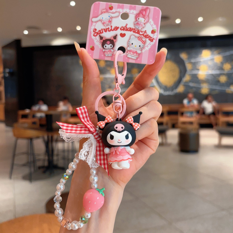 正版三丽鸥格纹草莓系列钥匙扣HelloKitty库洛米玩偶可爱包包挂饰|undefined