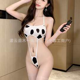 辣妹风奶牛纹挂脖连体衣女 露腰显瘦镂空性感温泉度假