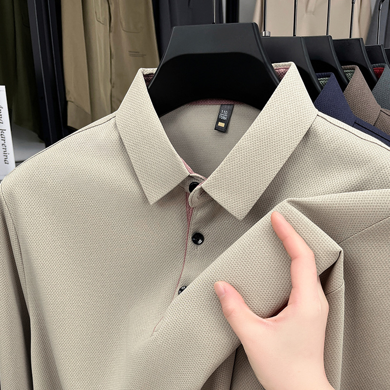 跨境外贸新款长袖男装透气宽松现货批发中年爸爸装纯色上衣polo衫