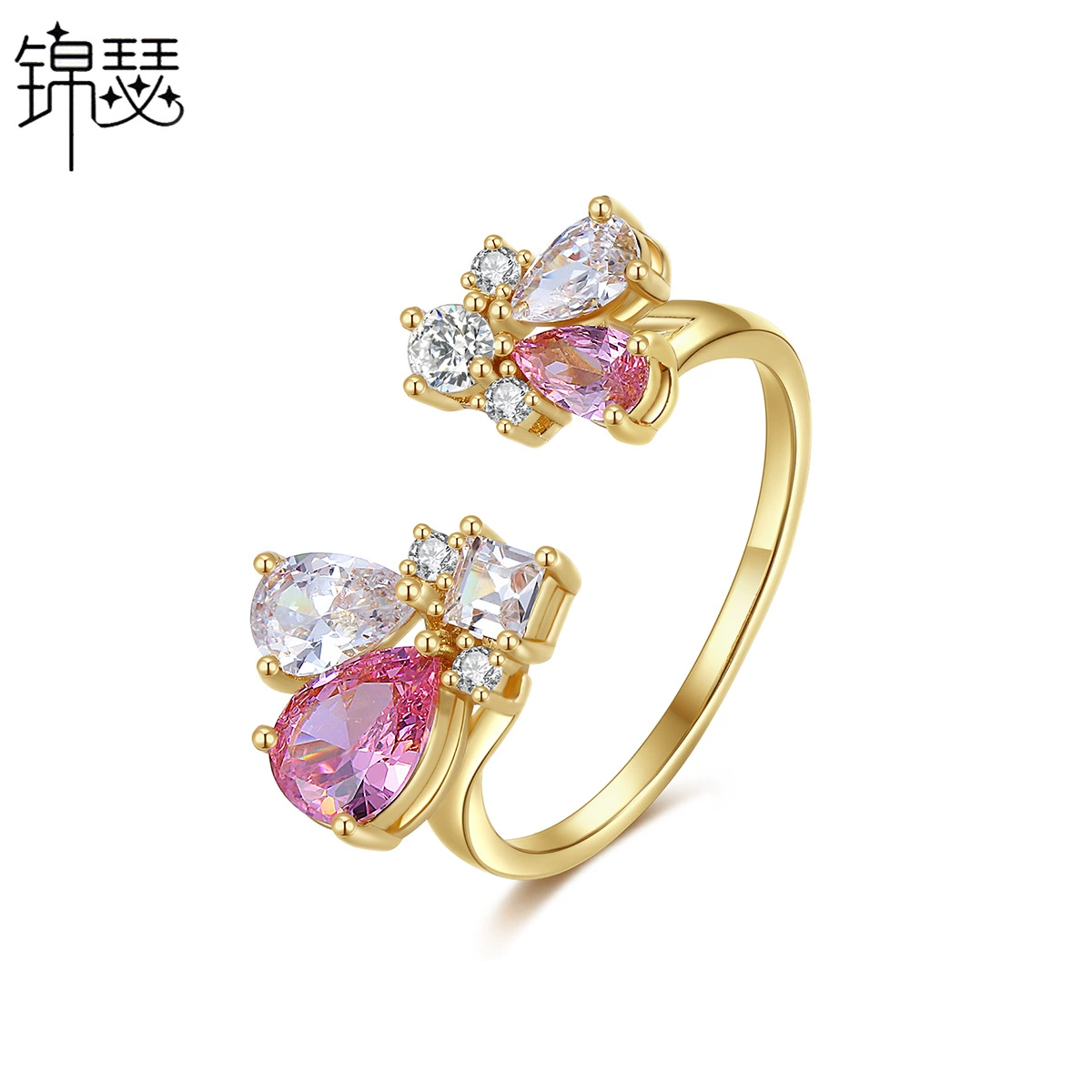 Copper Adjustable Ring, Zirconia Flower Accent, One Size Open Band, 750 Gold Color
