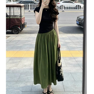 夏日绝美法式绿色连衣裙子女夏季2026新款巨好看漂亮掐腰气质长裙