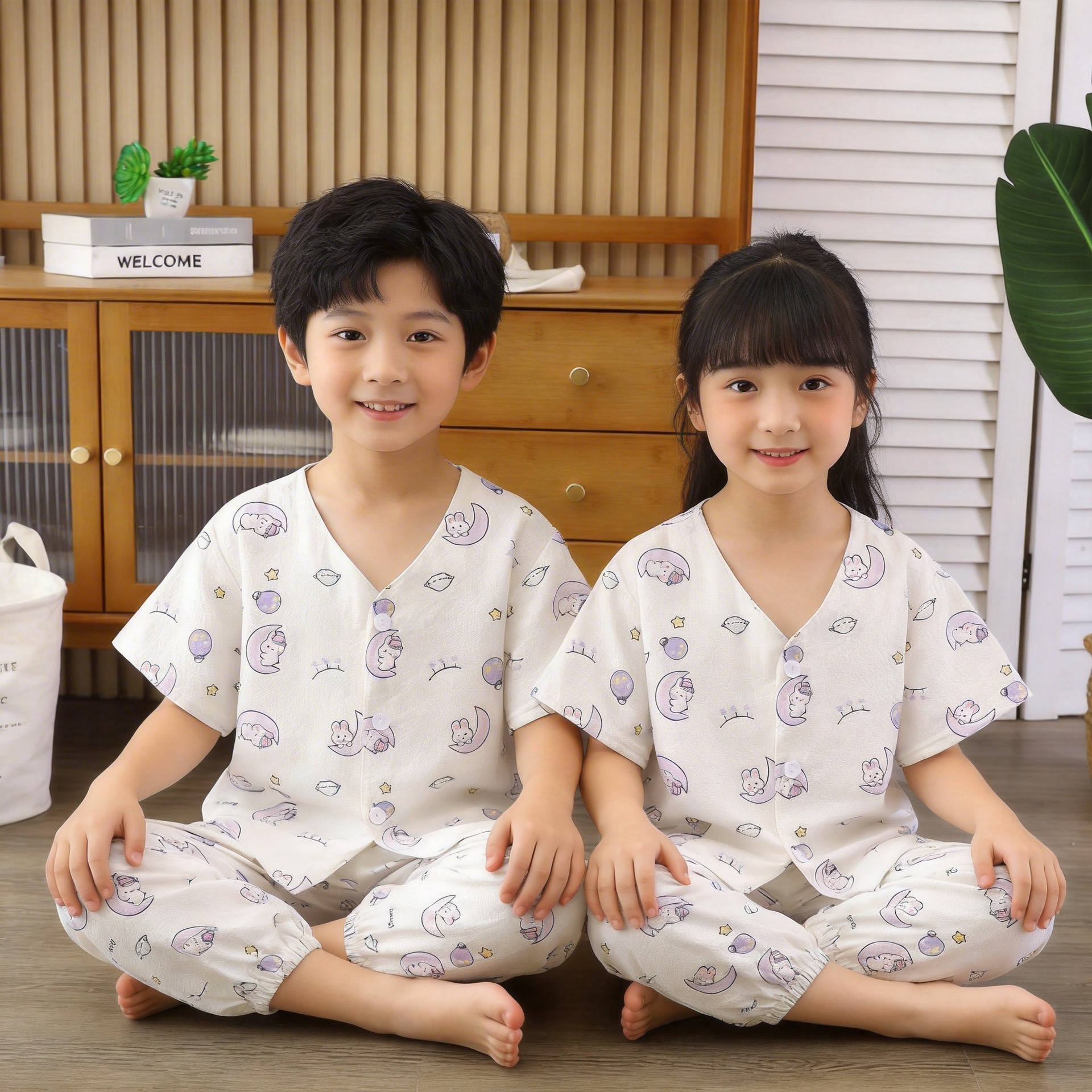 Pijamas infantiles de verano para padres y niños de manga corta set de pantalones de siete puntos para niños y niñas de cuello V ropa delgada para el hogar pijamas para bebés