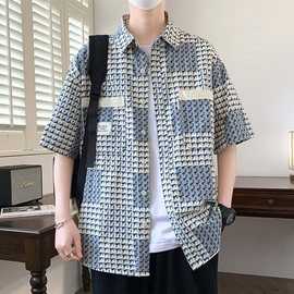 格子短袖衬衫男潮牌潮流夏季五分半袖衬衣男宽松休闲痞帅夏天寸衫