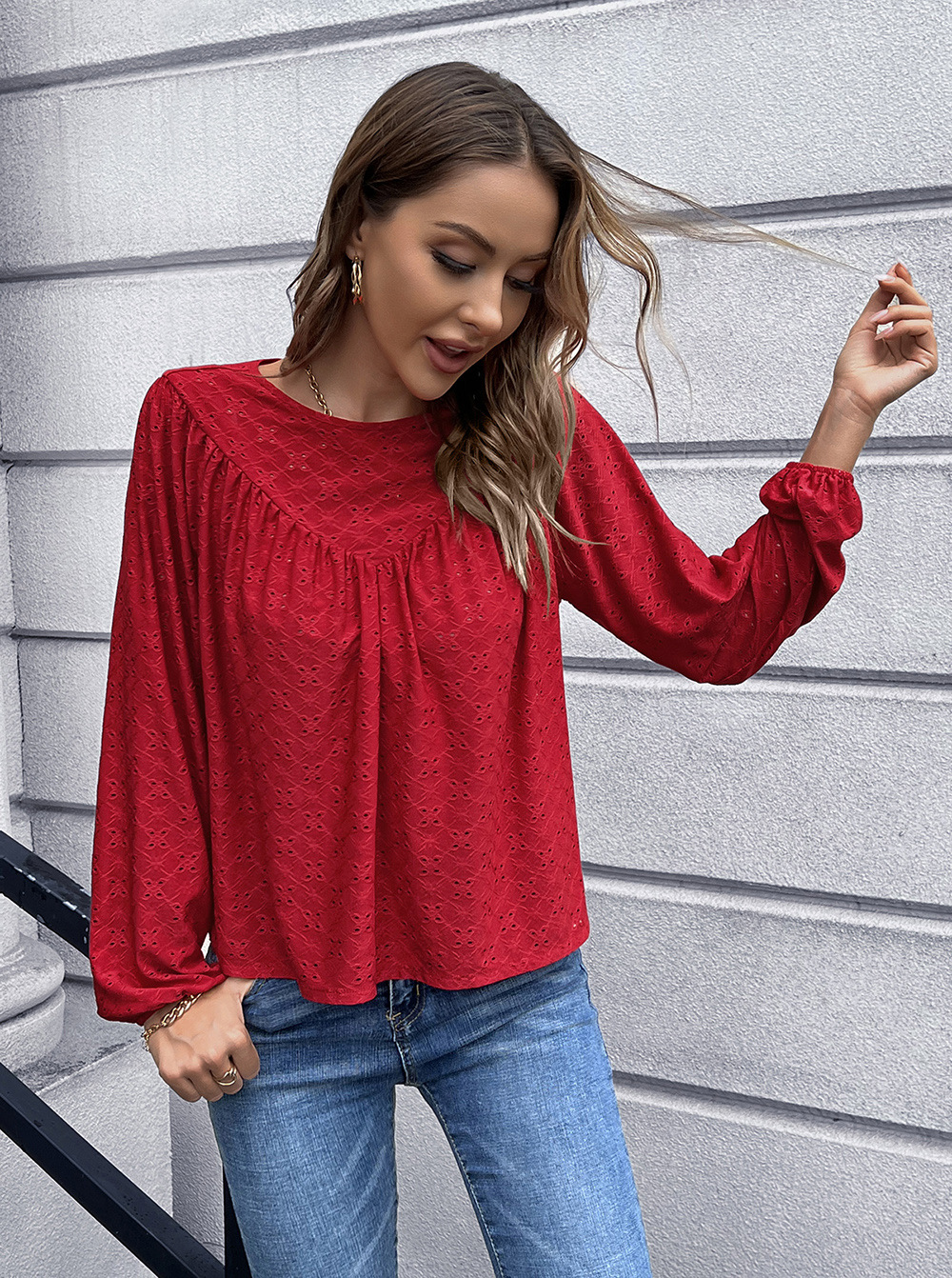 solid color pleated round neck long sleeve top NSYBL136707