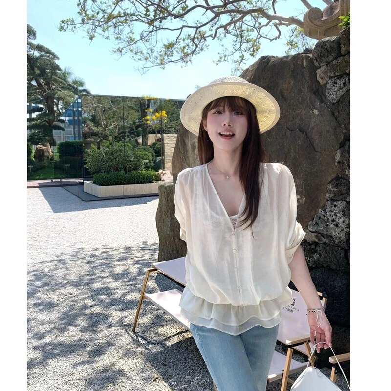 French V Neck Ruffled Drawstring Shirt for Women, Summer Gentle Style, Sweet Elegant, Loose Fit, Slimming, Long-Sleeved Sun Protection Top French V Neck Ruffled Drawstring Shirt for Women, Summer Gentle Style, Sweet Elegant, Loose Fit, Slimming, Long-Sleeved Sun Protection Top