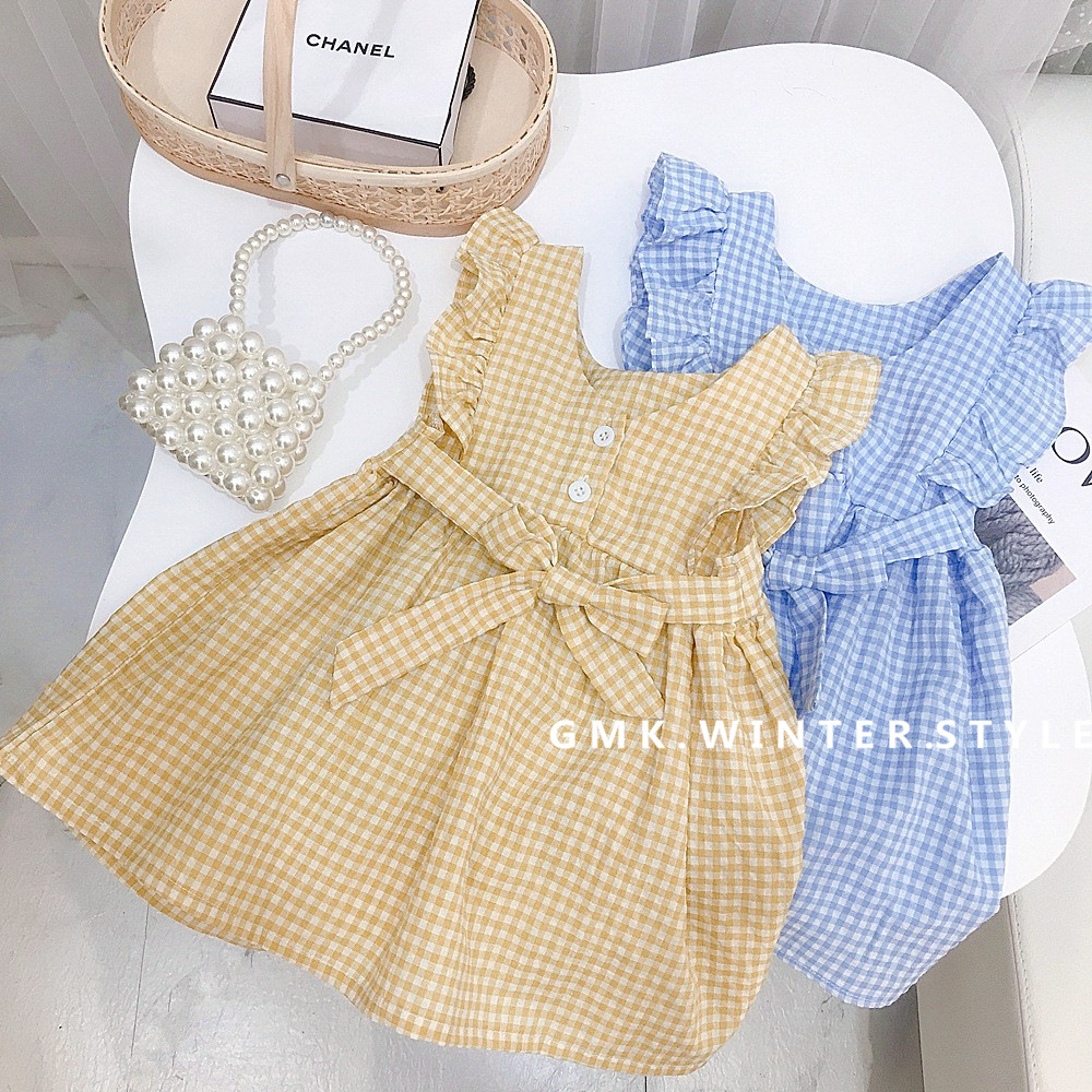 Girls' skirt summer Plaid flying sleeve dress Princess dress children's summer wear backless fashionable baby girls' summer