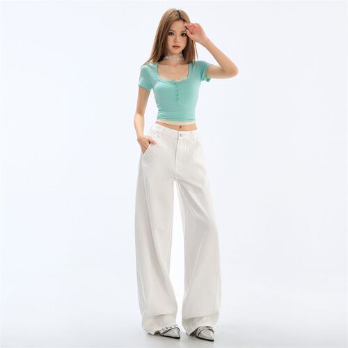 Light Blue Casual Bending Knife Jeans for Women - 2025 Summer New Wide Leg Split Banana Grandma Pants
