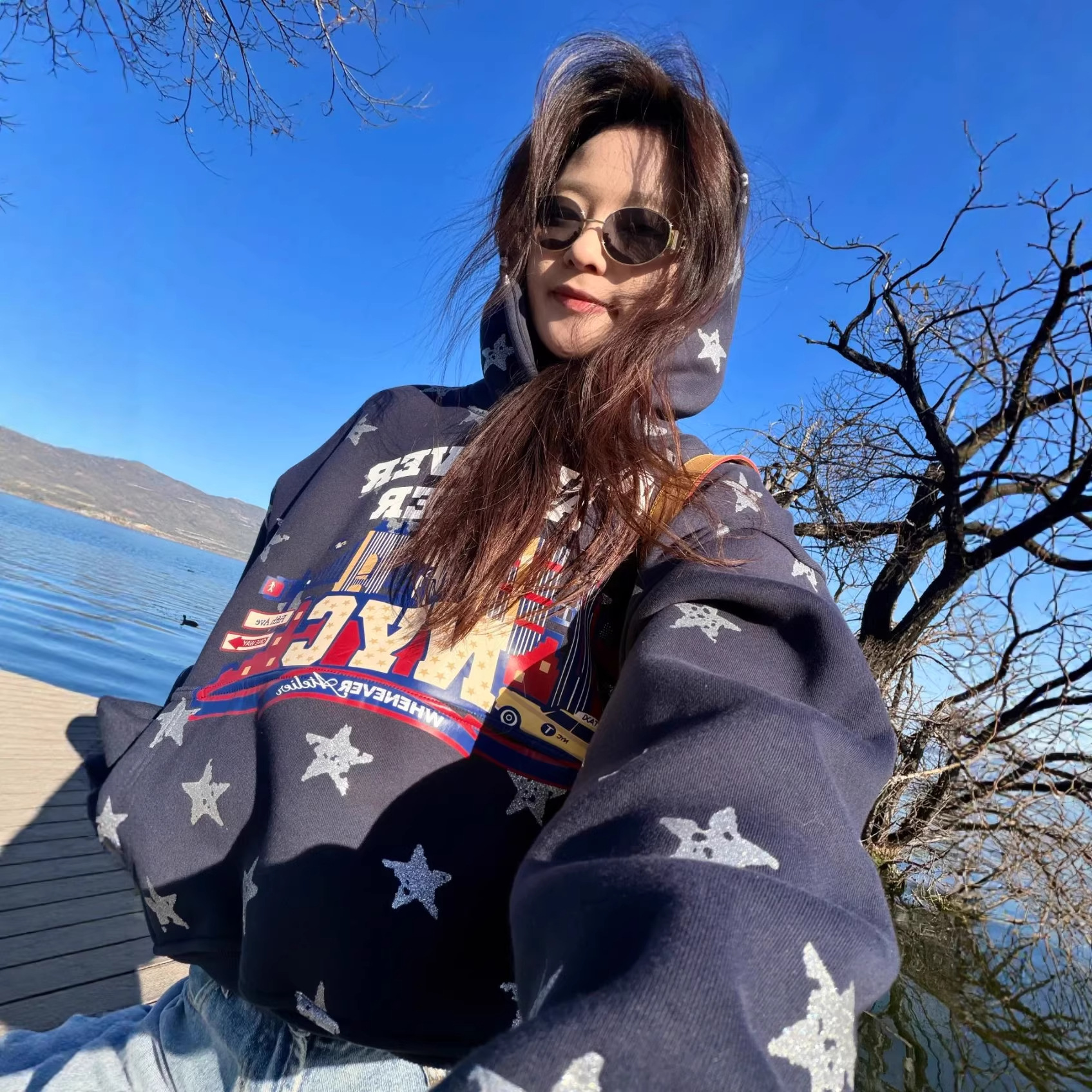25 New American-Style Trendy Brand Whe*Never Full-Print Star Statue of Liberty Retro Ins Print Hooded Sweatshirt
