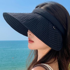 夏の空の日よけの帽子の子供は旅行します。
